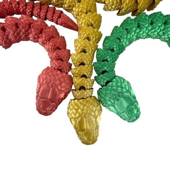 Year of the Snake Articulating 3DPrinted 44" Long (Set 3) Red Green Gold Décor - Picture 4 of 9